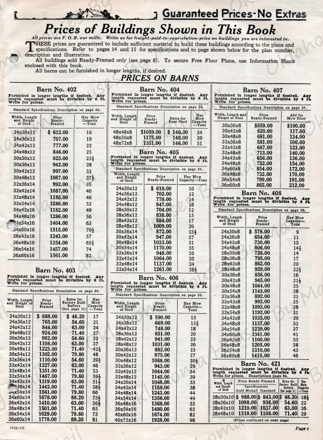 How much did a kit barn sell for you ask? Well, that depends on the size, they came in a variety of sizes and heights. In the lower left corner of this 1926 price sheet you can get an idea of what a barn 403 would cost in 1926. The price didn't include concrete or any masonry, bricks, stones, etc and of course...labor. Darcy tells me that Ed Binkert hired local carpenters, Harry Betenbender and Harry Yetter, and that information came from an inscription on the interior wall of the barn. 
